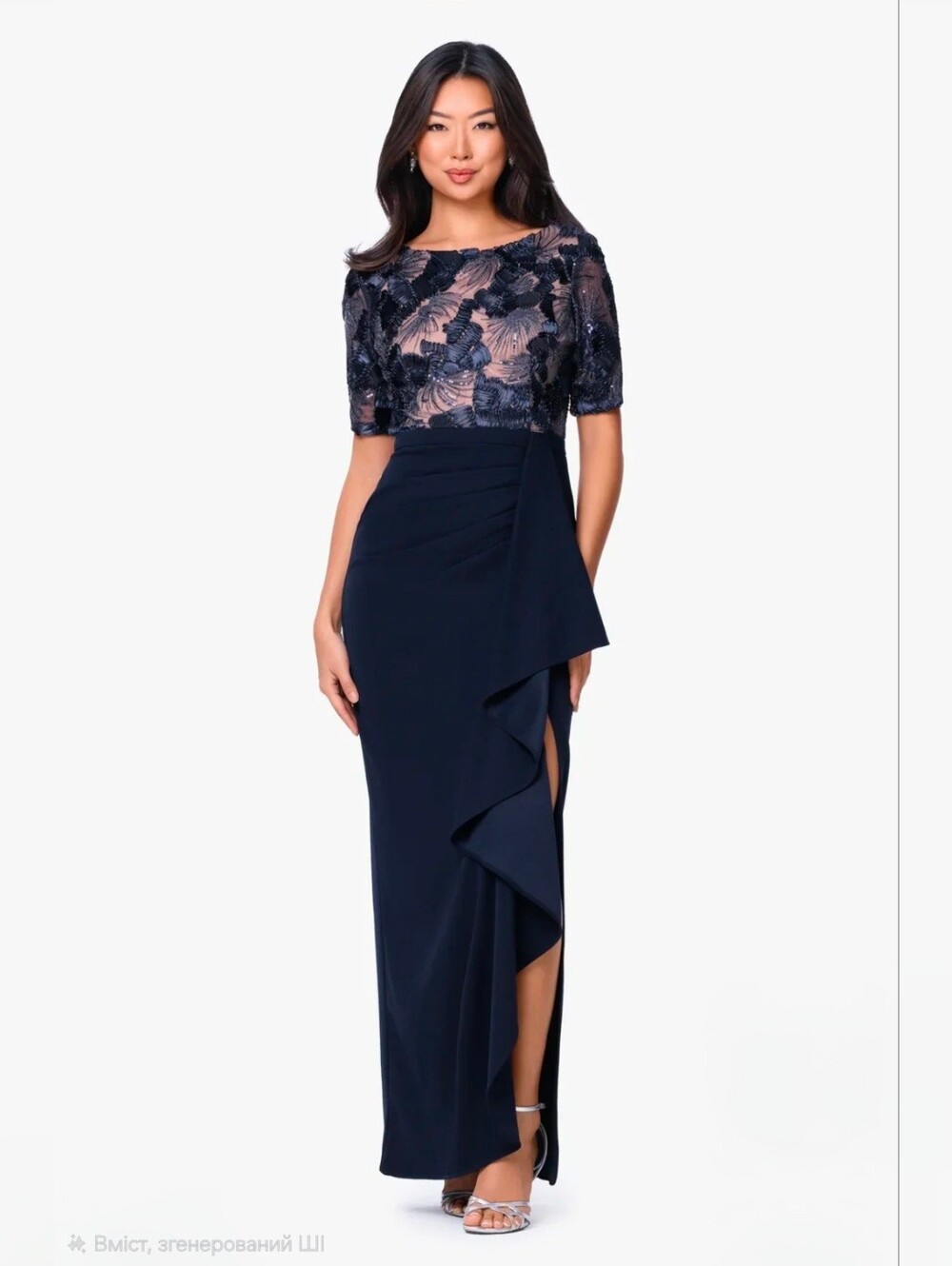 Betsy & Adam Navy Lace Bodice Maxi Side Ruffle Slit Boat Neck Scuba Dress Size16